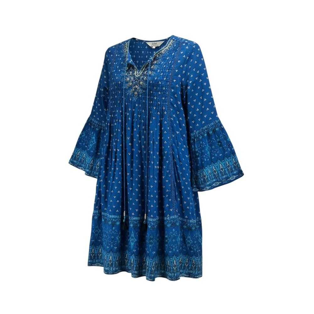 Label Ritu Kumar Festival Blue Embroidered Boho Dress Bell Sleeve Small